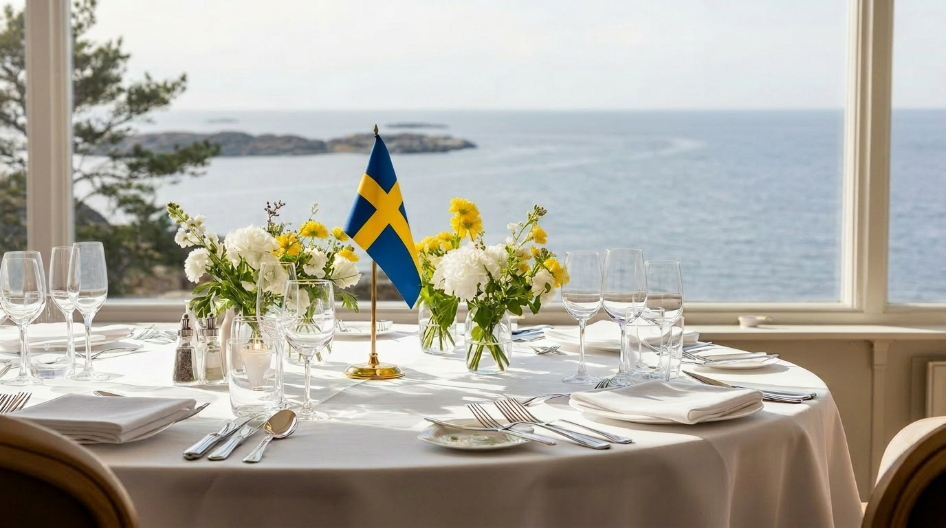 Vackert dukat bord med svensk flagga och utsikt över skärgården på Säröhus